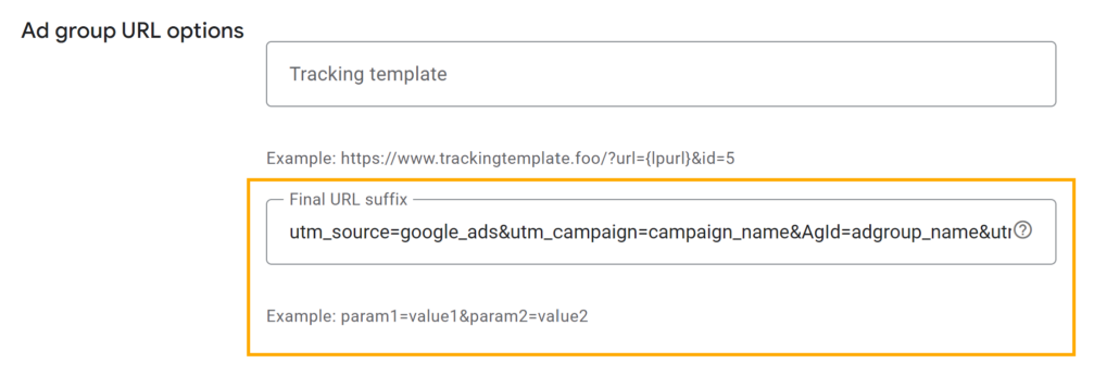 Final url suffix Google Ads ad group settings