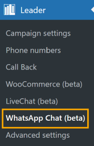 WhatsApp Chat (Beta) tab in the Leader Plugin Menu